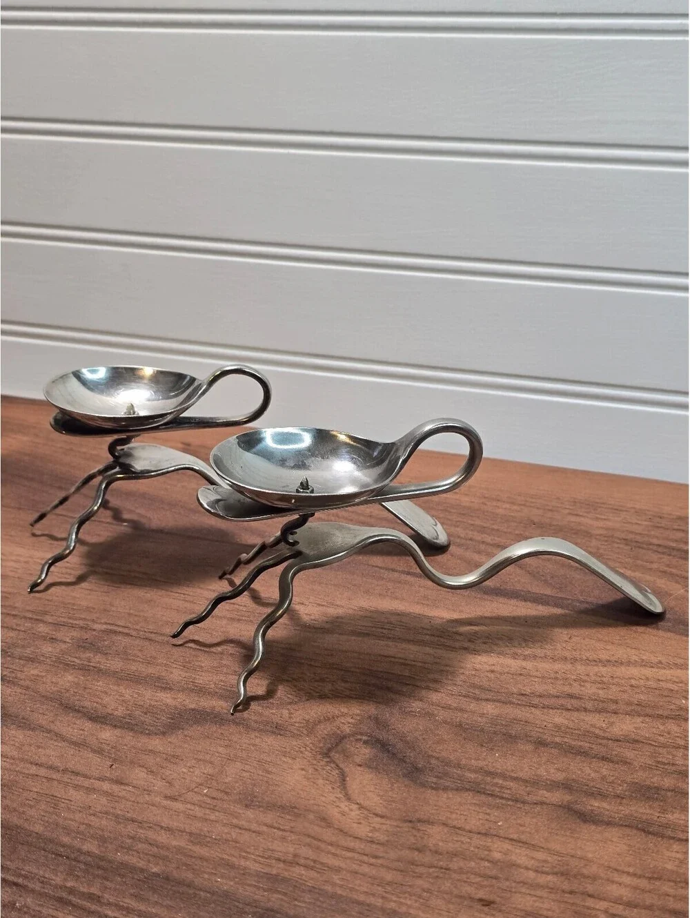 Vintage Spoon Art Candelabra Set Repurposed Silverware Candle Holders Pair